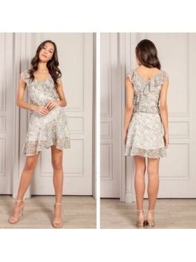 Senlis Aria Ruffle Sleeveless Mini Dress in Green and Pink Floral Fruit